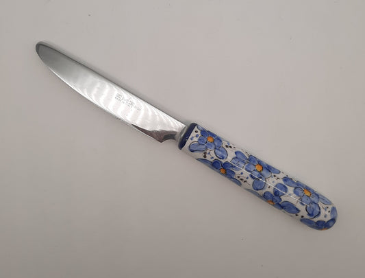 Coltello da tavola Decoro Fiori Blù. Manico in ceramica dipinto a mano, lama in acciaio inox.