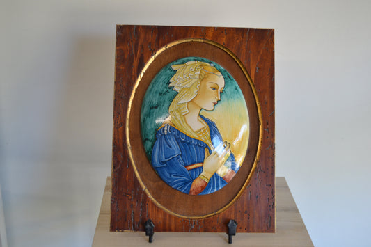 Madonna del Lippi su ovale riproduzione su ceramica dipinta a mano con cornice lavorata artigianalmente e filo d'oro.