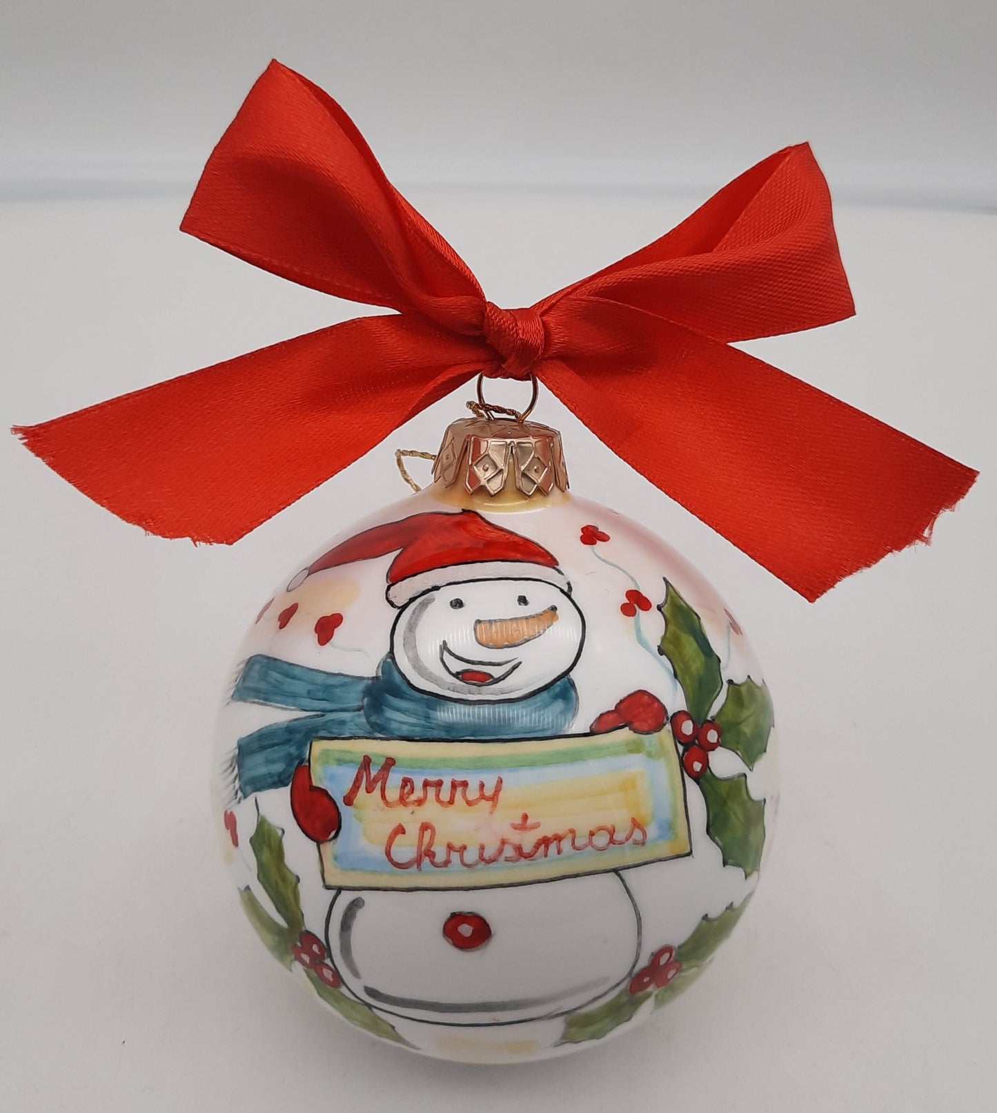 Palla di Natale rotonda cm 8 in ceramica dipinto a mano Decoro Pupazzo di neve